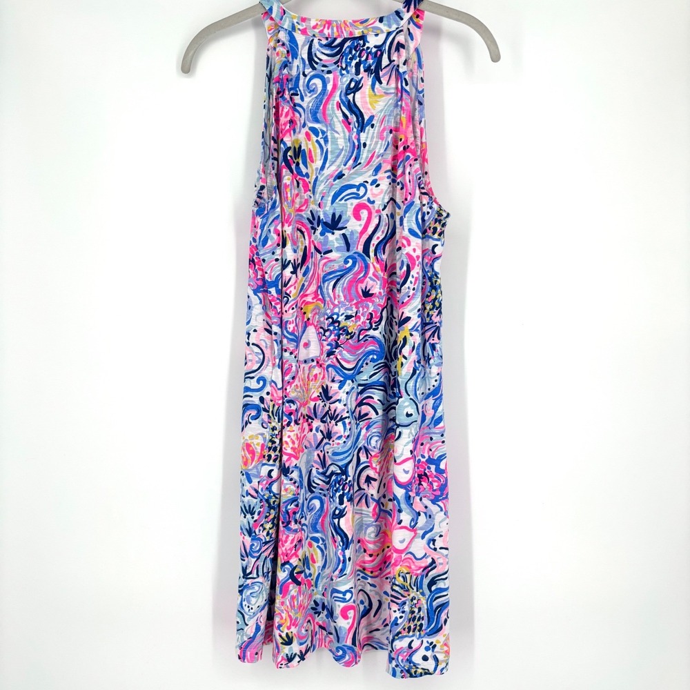 Lilly Pulitzer Shay Ruffle Dress Sz L So Sofishticated Print Pink Blue Preppy - Picture 7 of 12
